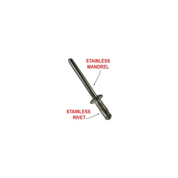 Blind Rivet, Low Profile Head, 0.125 in Dia., 0.35 in L, Stainless Steel Body, 1000 PK